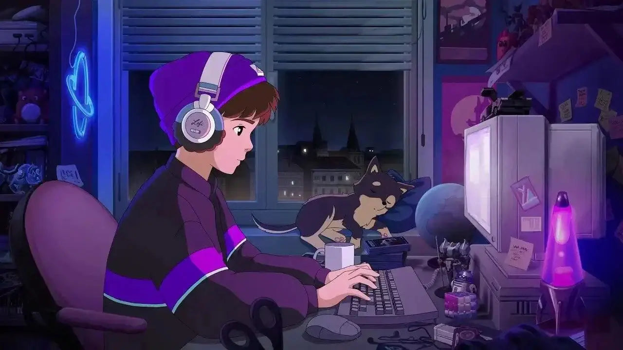 Person wearing headphones using computer in a dark room with a dog and retro music CD disk nearby